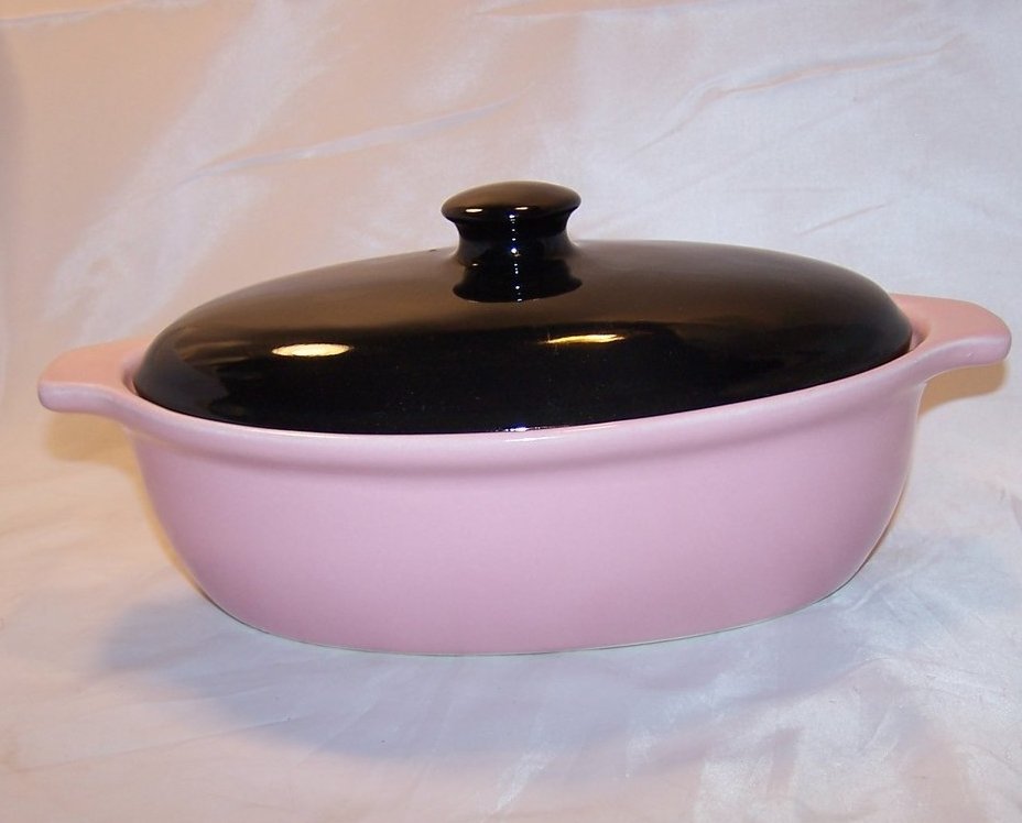 Pink and Black Casserole, Covered Baking Dish, Vintage Cronin