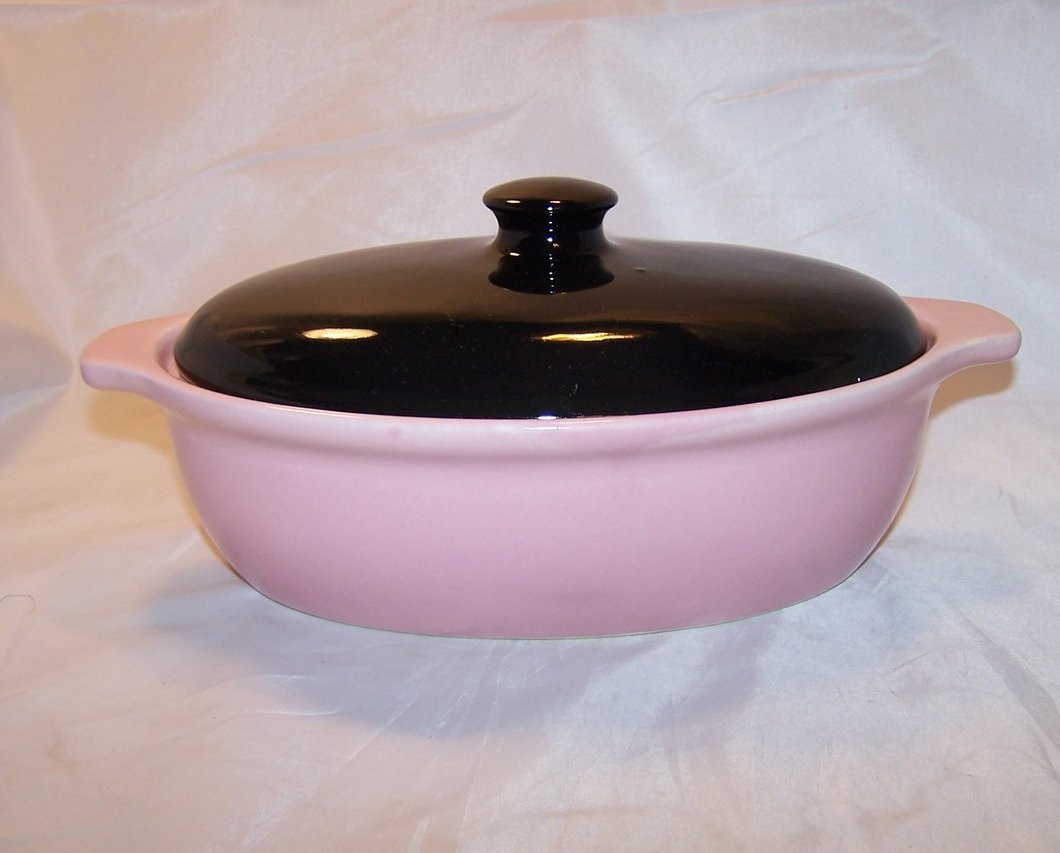 Image 2 of Pink and Black Casserole, Covered Baking Dish, Vintage Cronin