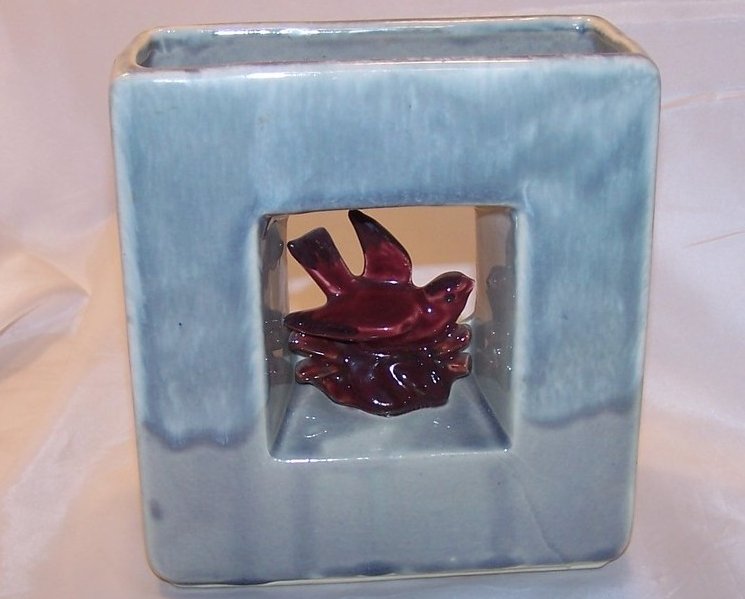 McCoy Arcature Double Vase w Bird, Platinum and Red, 1950s