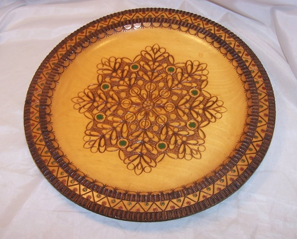 Pyrography Platter, Poland, Woodburned