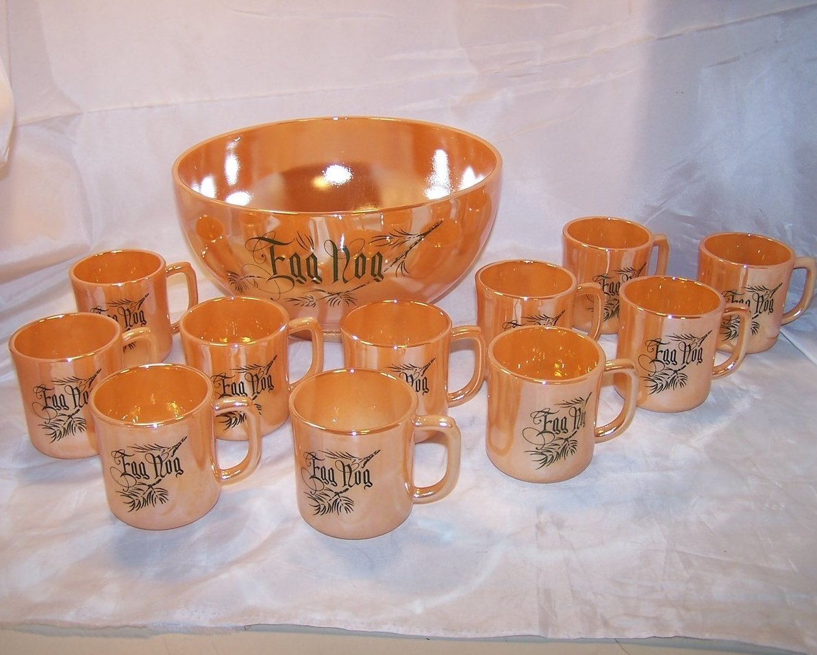 Egg Nog Punch Bowl, Mugs, Peach Lustre, Fire King