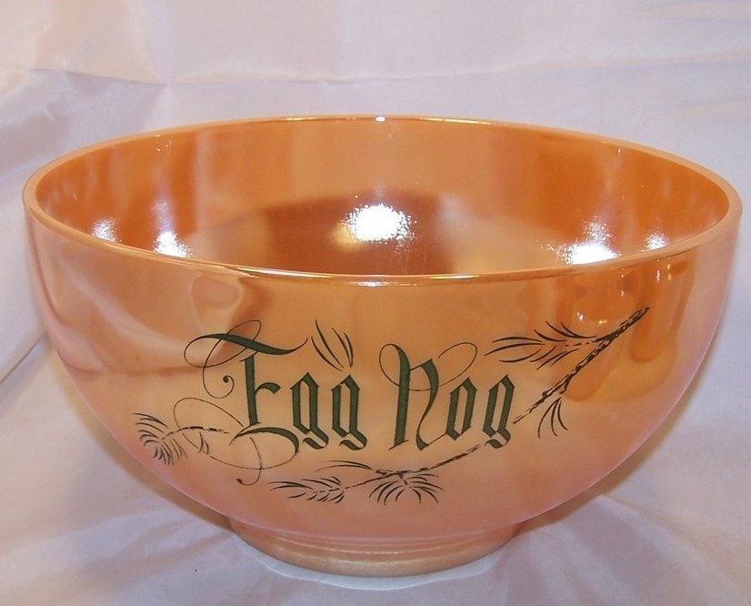 Image 1 of Egg Nog Punch Bowl, Mugs, Peach Lustre, Fire King