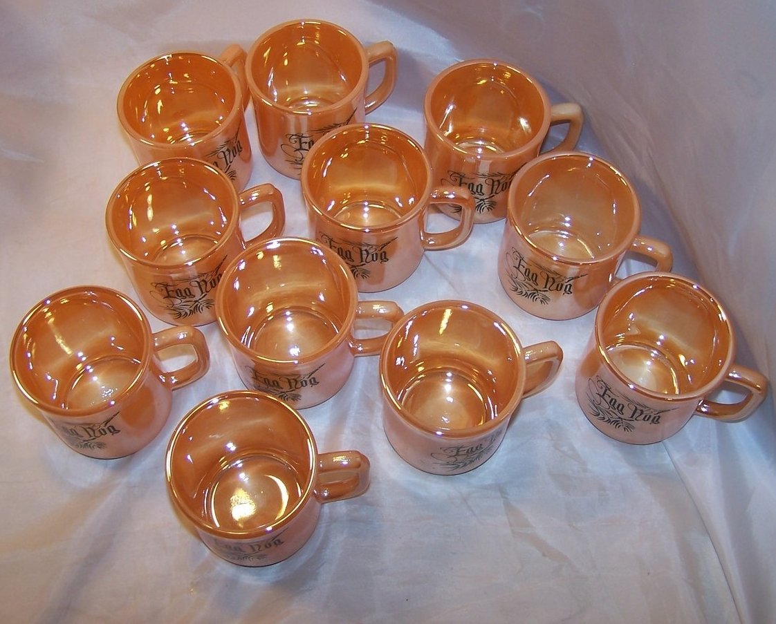 Image 3 of Egg Nog Punch Bowl, Mugs, Peach Lustre, Fire King