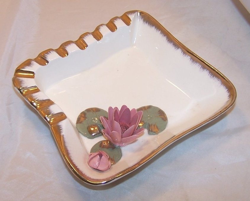 Water Lily Ashtray w Bright Gold Accents, Pink Flowers