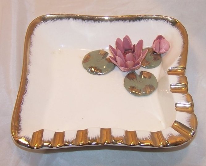 Image 1 of Water Lily Ashtray w Bright Gold Accents, Pink Flowers