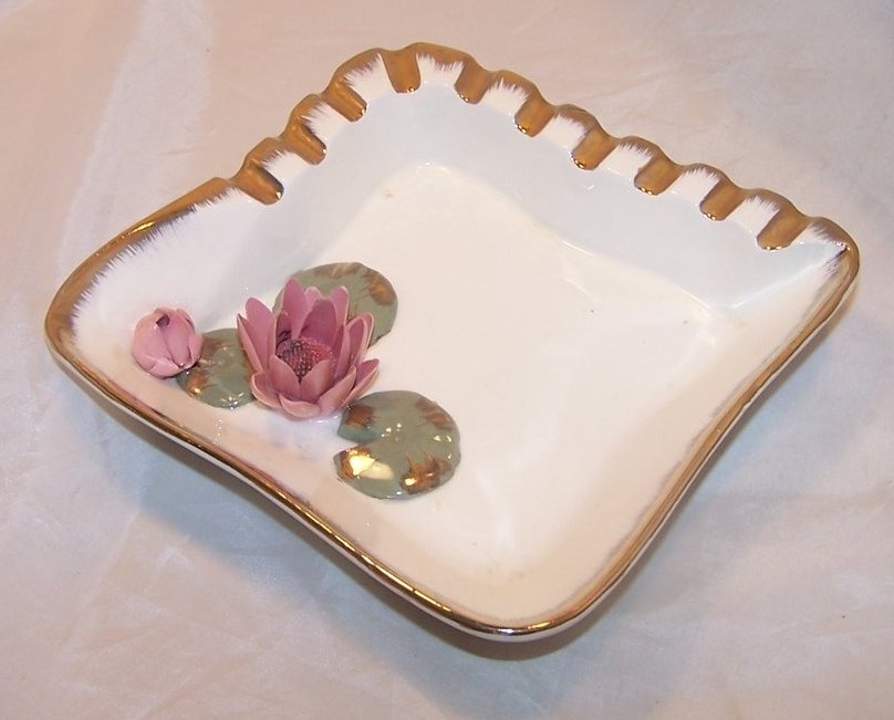Image 2 of Water Lily Ashtray w Bright Gold Accents, Pink Flowers