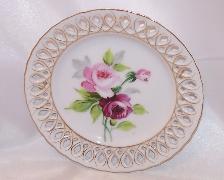 Image 0 of Pink Red Rose Pierced Cutout Decorative Plate Occupied Japan