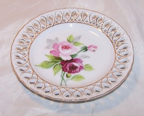 Image 1 of Pink Red Rose Pierced Cutout Decorative Plate Occupied Japan