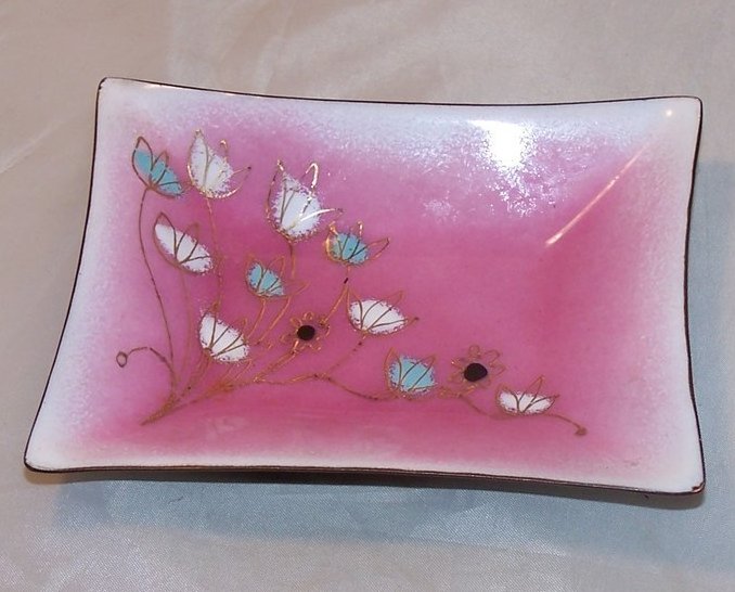 Image 0 of Gerte Hacker Pink w Flowers Enamel Clad Copper Dish