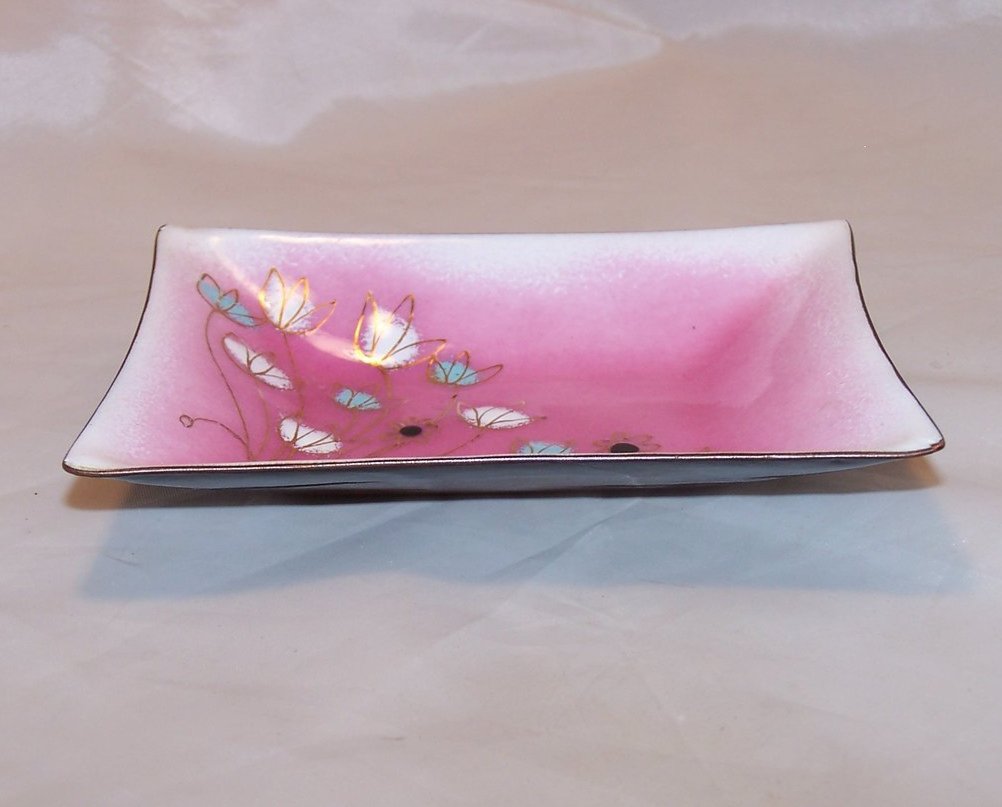 Image 1 of Gerte Hacker Pink w Flowers Enamel Clad Copper Dish