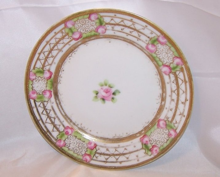 Image 1 of Gold Beaded, Pink Rose Plate, Hand Painted Nippon