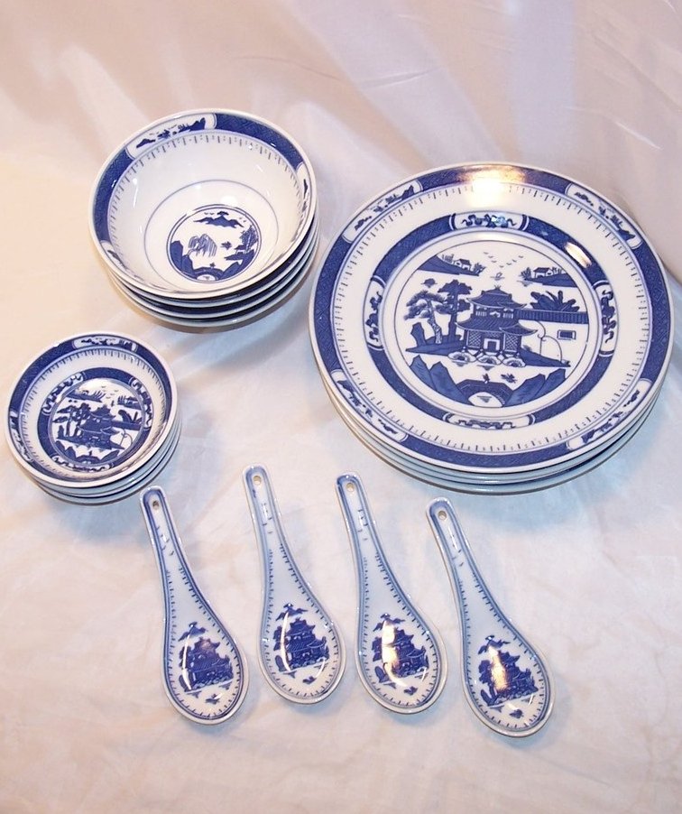 Image 0 of Chinese Dish Set w Spoons, Blue White Porcelain, China