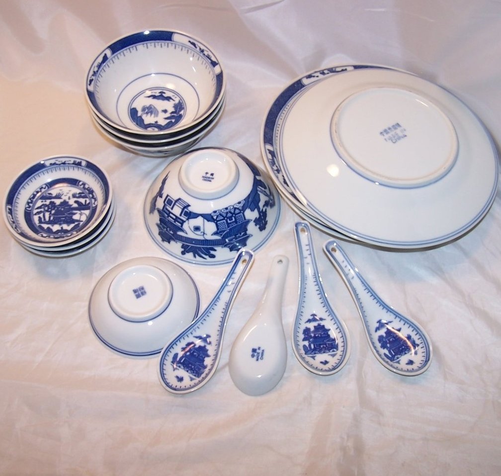 Image 5 of Chinese Dish Set w Spoons, Blue White Porcelain, China