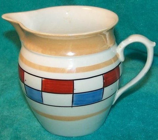 Czechoslavakia Checkerboard Creamer, Jug, White w Red, Blue