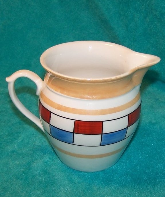 Image 2 of Czechoslavakia Checkerboard Creamer, Jug, White w Red, Blue