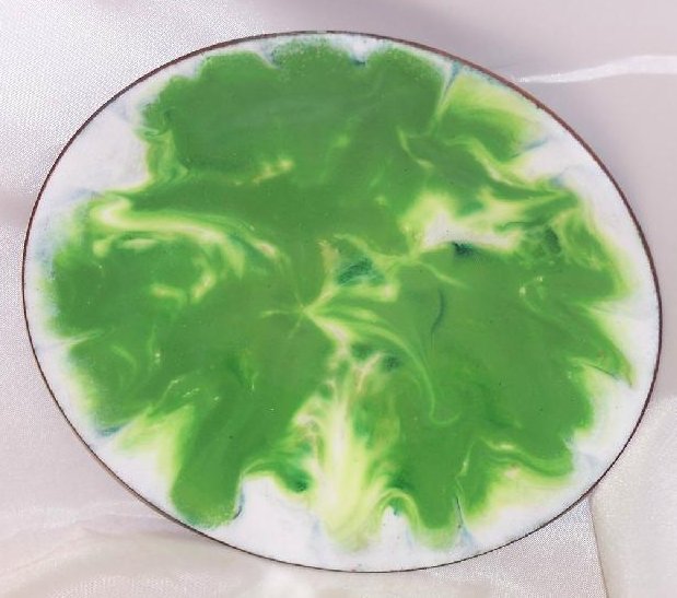 Gerte Hacker Glossy Green and White Enamel Clad Copper Dish