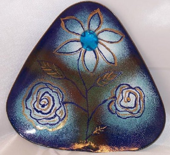 Leah Pelton Enamel Clad Copper Blue Flower Triangle Bowl