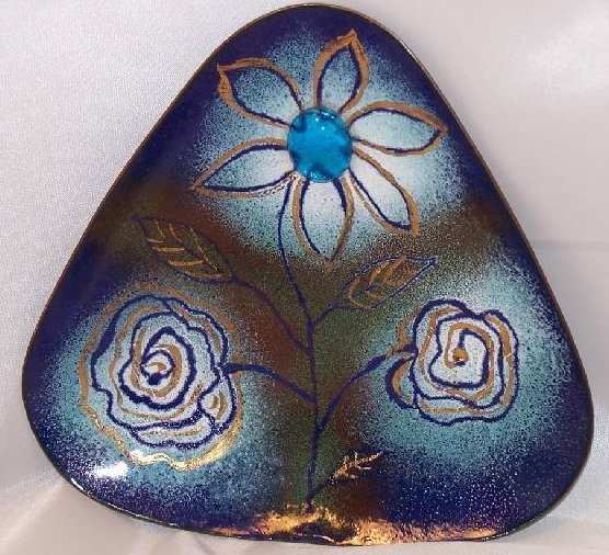 Image 0 of Leah Pelton Enamel Clad Copper Blue Flower Triangle Bowl