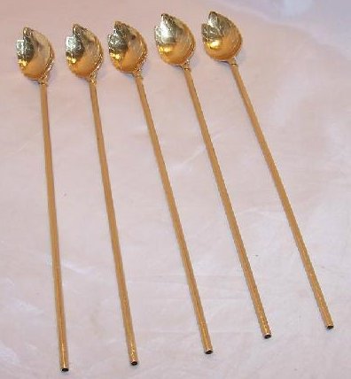 Image 0 of Gold Leaf Teaspoons w Long Straw Handle, Set of Five