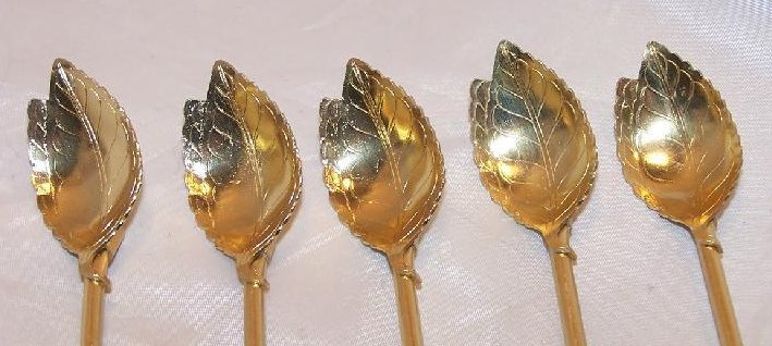 Image 1 of Gold Leaf Teaspoons w Long Straw Handle, Set of Five