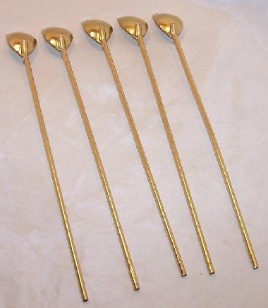 Image 2 of Gold Leaf Teaspoons w Long Straw Handle, Set of Five
