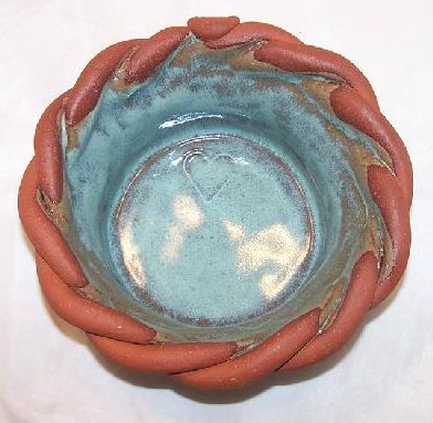 Heart Shaped Pottery Bowl w Braided Edge, Handmade, Signed