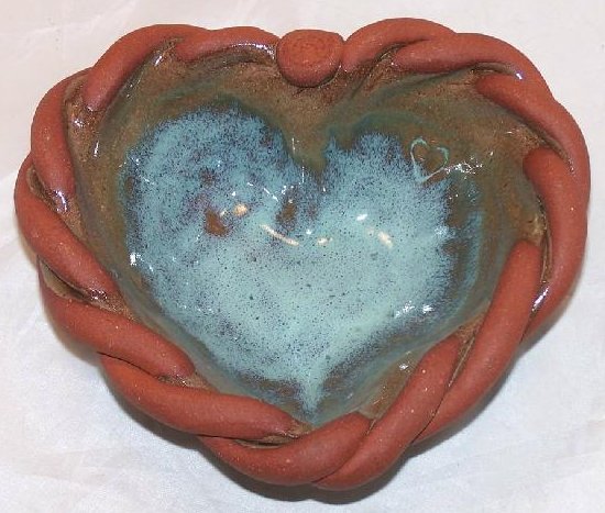 Heart Shaped Pottery Bowl w Braided Edge, Handmade, Signed