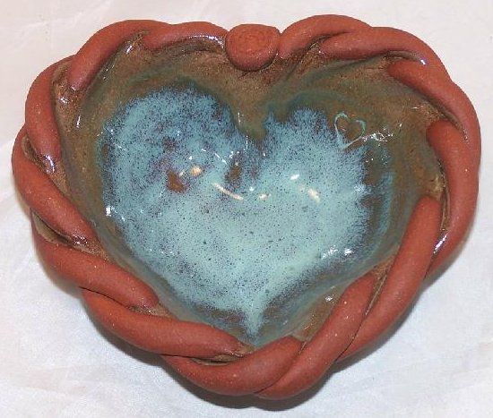 Image 0 of Heart Shaped Pottery Bowl w Braided Edge, Handmade, Signed