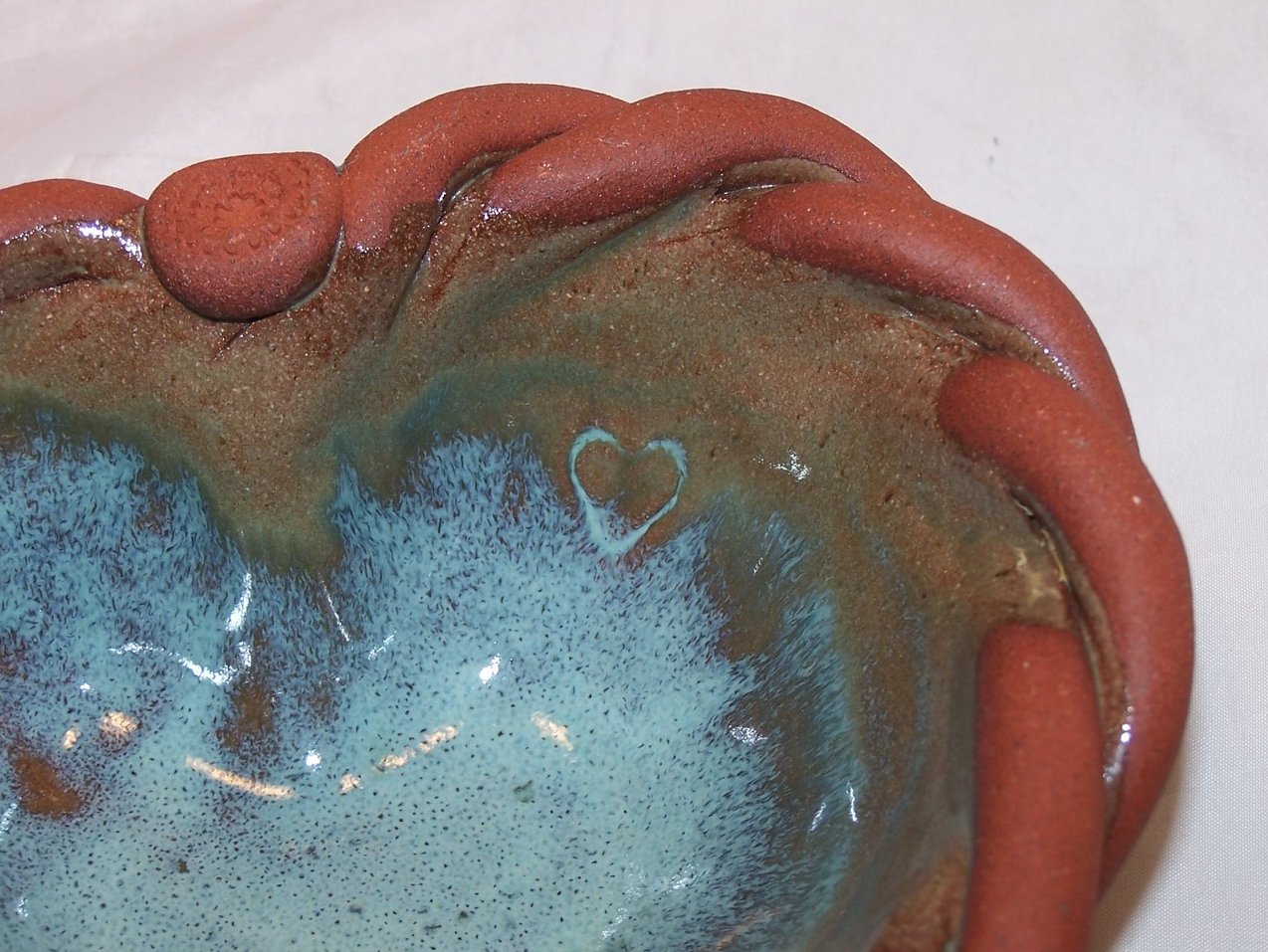 Image 1 of Heart Shaped Pottery Bowl w Braided Edge, Handmade, Signed