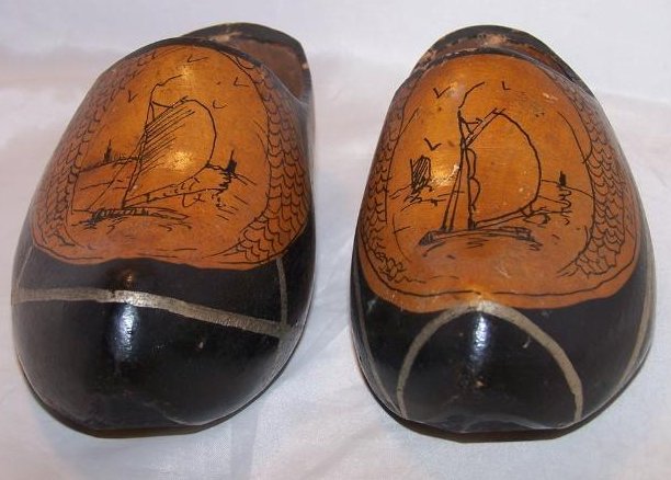 Image 1 of Wooden Shoes, Clogs, w Hand Drawn Ships, Unusual