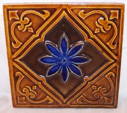 Gresvfl Portugal Tile, Ceramic, Brown, Blue Flower