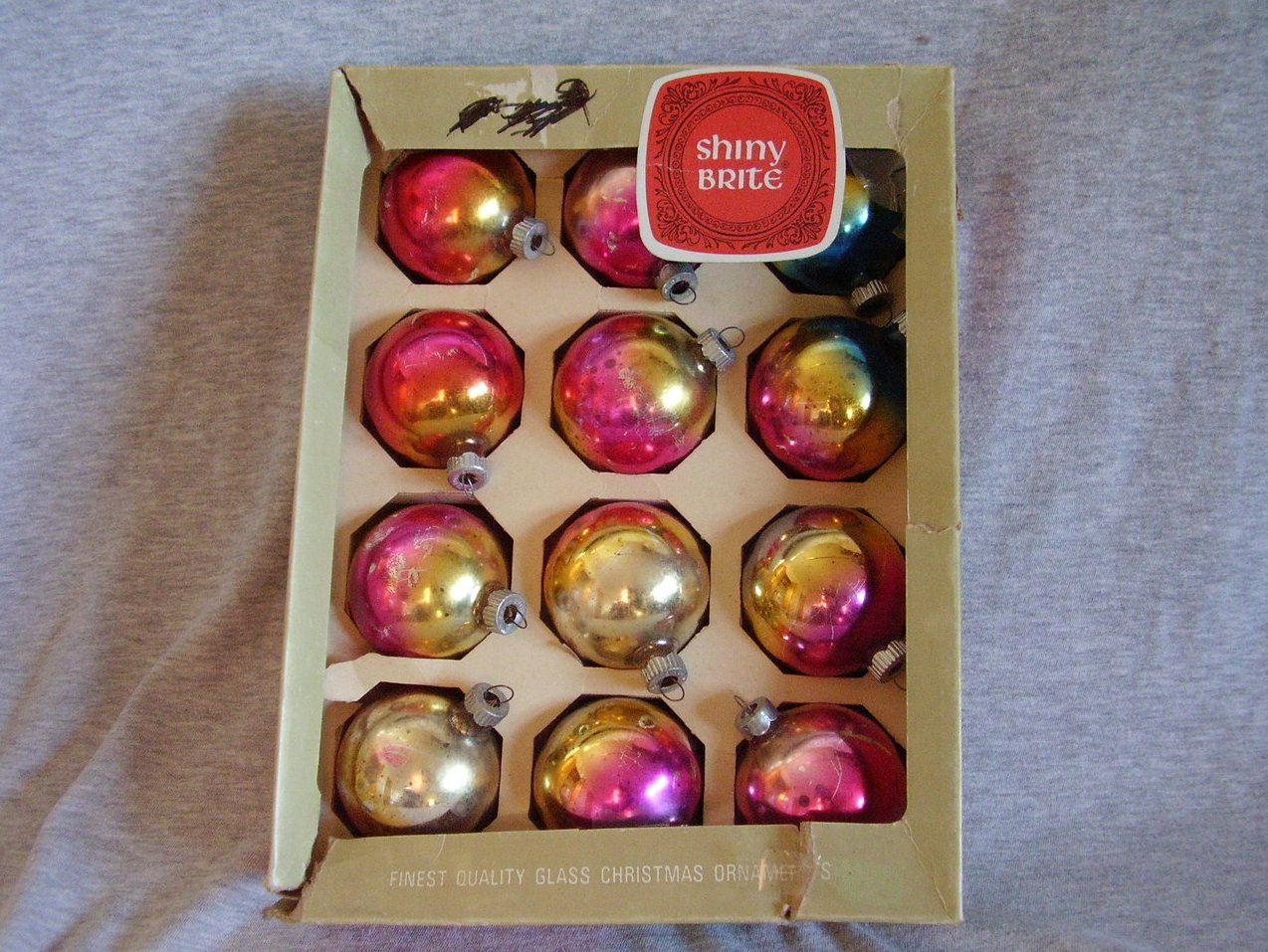 Vintage Shiny Brite Rainbow Christmas Ornaments Box of 12
