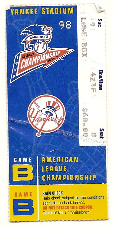 1998 ALCS Game 2 Ticket Stub New York Yankees Indians