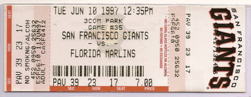 Kevin Brown Full No Hitter ticket - June 19, 1997