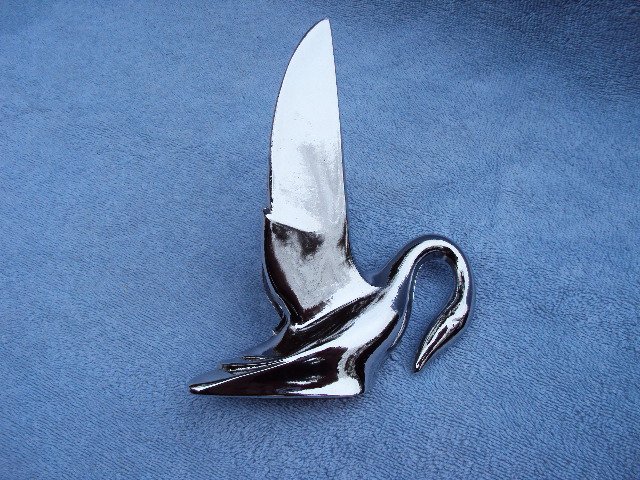 thumbnail image 2 of Chrome Trumpeter Swan Hood Ornament Mascot - With 2 Mounting Studs & Hardware - MD2037 / 72001 2 of 3