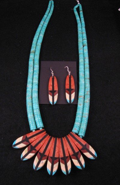 Image 3 of Santo Domingo ''Eagle Tail'' Inlaid Feather Necklace Set, Rudy & Mary Coriz