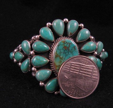 Image 3 of Big Navajo Turquoise Cluster Silver Bracelet, Darryl Becenti