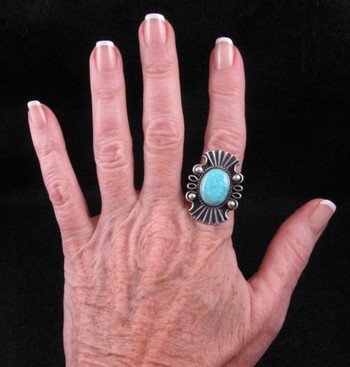 Image 1 of Fancy Derrick Gordon Navajo Turquoise Silver Ring Sz8