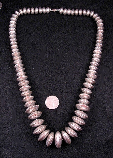 Vintage Navajo Native American Handmade Stamped Silver Bead Necklace