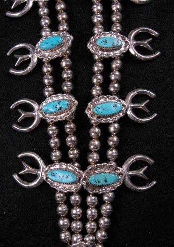 Image 3 of Navajo Dead Pawn Turquoise Silver Squash Blossom Necklace