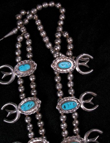 Image 4 of Navajo Dead Pawn Turquoise Silver Squash Blossom Necklace