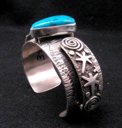 Image 3 of Navajo Alex Sanchez Turquoise Silver Raised Petroglyph Bracelet 