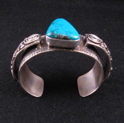 Image 4 of Navajo Alex Sanchez Turquoise Silver Raised Petroglyph Bracelet 