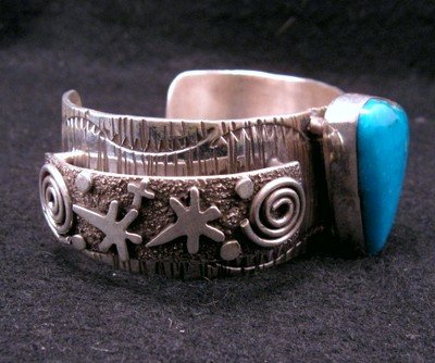 Image 1 of Navajo Alex Sanchez Turquoise Silver Raised Petroglyph Bracelet 