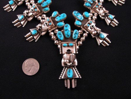 Image 3 of Doris Smallcanyon Navajo Turquoise Kachina Squash Blossom Necklace Earrings Set 