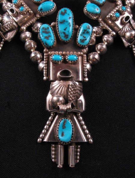 Image 4 of Doris Smallcanyon Navajo Turquoise Kachina Squash Blossom Necklace Earrings Set 