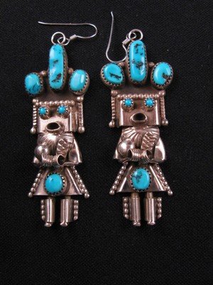 Image 6 of Doris Smallcanyon Navajo Turquoise Kachina Squash Blossom Necklace Earrings Set 