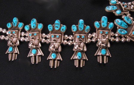 Image 7 of Doris Smallcanyon Navajo Turquoise Kachina Squash Blossom Necklace Earrings Set 