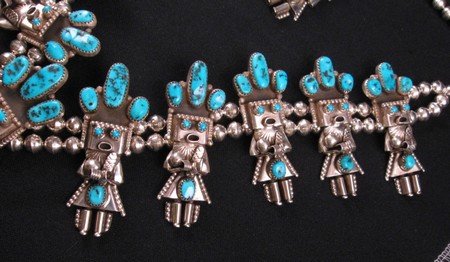 Image 8 of Doris Smallcanyon Navajo Turquoise Kachina Squash Blossom Necklace Earrings Set 