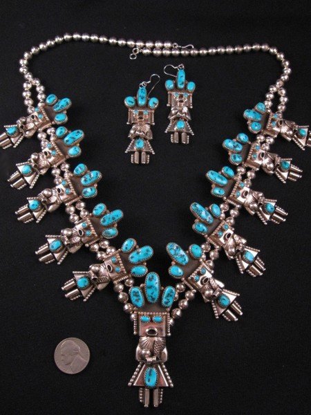 Image 9 of Doris Smallcanyon Navajo Turquoise Kachina Squash Blossom Necklace Earrings Set 